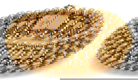 18K Gold Italian Etruscan Revival Link Bracelet by Oreste Guidi: Ladies' 18K yellow gold Italian designer Etruscan Revival link bracelet by Oreste Guidi. The bracelet is marked "RMC 750 2 BU GO" and XRF tests 18K gold. The bracelet is 8 1/2 in. L. and has a weight