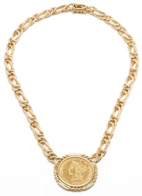 14K Gold Necklace w/ 1882 Liberty $10 Gold Coin