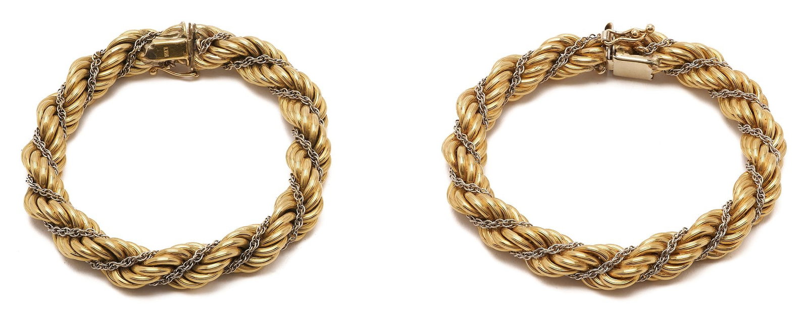 18K Gold Double Rope Chain Necklace/Bracelets: 18K Yellow and White Gold Ladies' Double Rope Chain Bracelets/Necklace. This set includes two (2) matching bracelets that can be connected to form a necklace. The necklace is marked '18K'