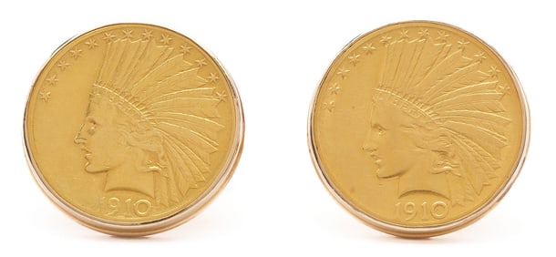 Pair 1910 $10 Indian Head & 14K Gold Cufflinks