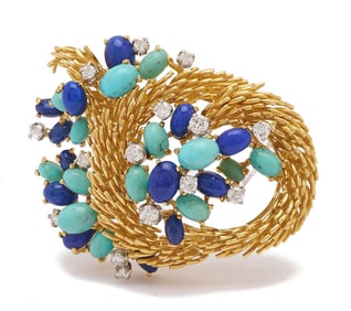 18K Gold, Turquoise, Lapis, and Diamond Brooch