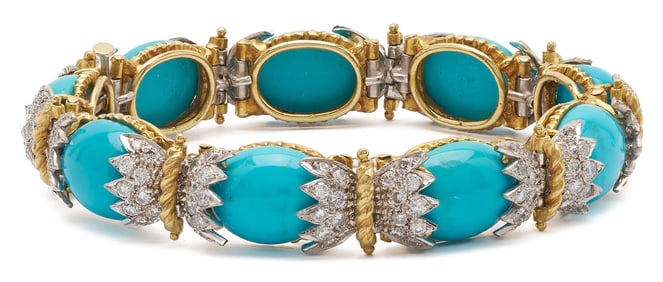 14K Gold, Turquoise, & Diamond Bracelet