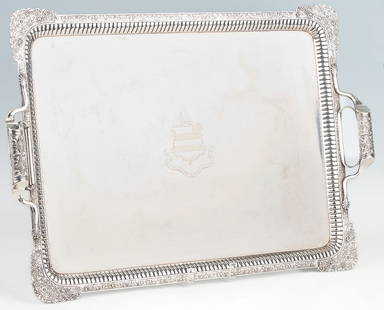 Russian Silver Tray circa 1830 with Armorial: Large 19th Century Continental Russian Silver Tea Tray with Armorial Engraving. Rectangular form with ribbed sides and floral chased border accented with large floral decorations at corners, and