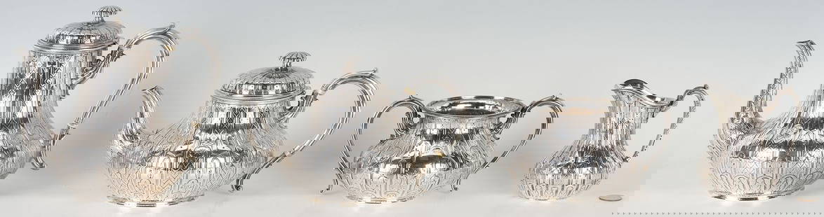 Aesthetic Movement Sterling Silver 4 pc Tea Service: English Victorian sterling silver 4-piece tea service&nbsp;in the Moorish or Aesthetic Movement taste, comprising a&nbsp;teapot, coffee pot, open sugar bowl and creamer, each decorated with vertical b