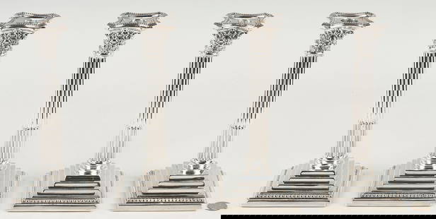 4 English Sterling Candlesticks, James Dixon & Sons: Four (4) English Victorian Sterling Silver Corinthian column form candlesticks on stepped, filled square bases. Each candlestick hallmarked for James Dixon & Sons, Sheffield, Sterling, 1861. Removable