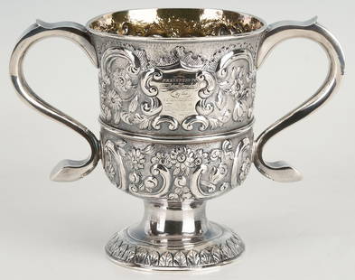 George II Sterling Silver Presentation Cup, "Adlington Robbery": English George III Presentation Sterling Silver Trophy Cup with double C scroll handles, hallmarked for John Langland I, Newcastle, 1760-68, decorated in repousse floral and scroll decoration