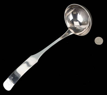 Georgetown Kentucky Coin Silver Ladle, A.F. Shepard: Kentucky coin silver soup or punch ladle with plain fiddle handle, stamped A.F. Shepard in rectangle for Alpheus Xavier Francis Shepard, working Georgetown, before 1817-1831+. Handle monogrammed