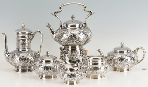 Antique 6 pc. Tiffany Sterling Silver Tea Set, Ivy Chased Pattern