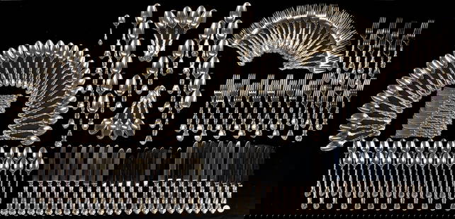 Gorham Strasbourg Sterling Silver Flatware, 169 Pcs.: One hundred sixty-nine (169) sterling silver flatware pieces in the Gorham Strasbourg pattern. Includes five (5) New French knives (9 3/4 in. L), six (6) New French knives (9 1/4 in. L), two (2) New F