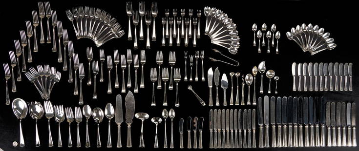 164 Pcs. Dominick & Haff Virginia Pattern Sterling Flatware: One hundred sixty-four(164) pieces of Dominick &amp; Haff sterling silver flatware in the Virginia pattern. Consisting of 12 dinner knives with blunt blades, 6 luncheon knives with blunt blades, 11 fr