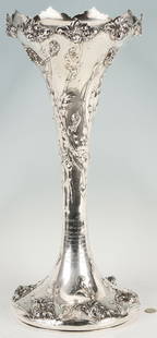 Large Sterling Silver Trophy Vase: Baltimore Horse Show  1904: Large Art Nouveau sterling silver vase, Bailey, Banks &amp; Biddle,&nbsp;with trophy inscription for the 1904 Baltimore Horse Show.&nbsp;The 2-ft tall vase features a&nbsp;flaring trumpet style rim wi