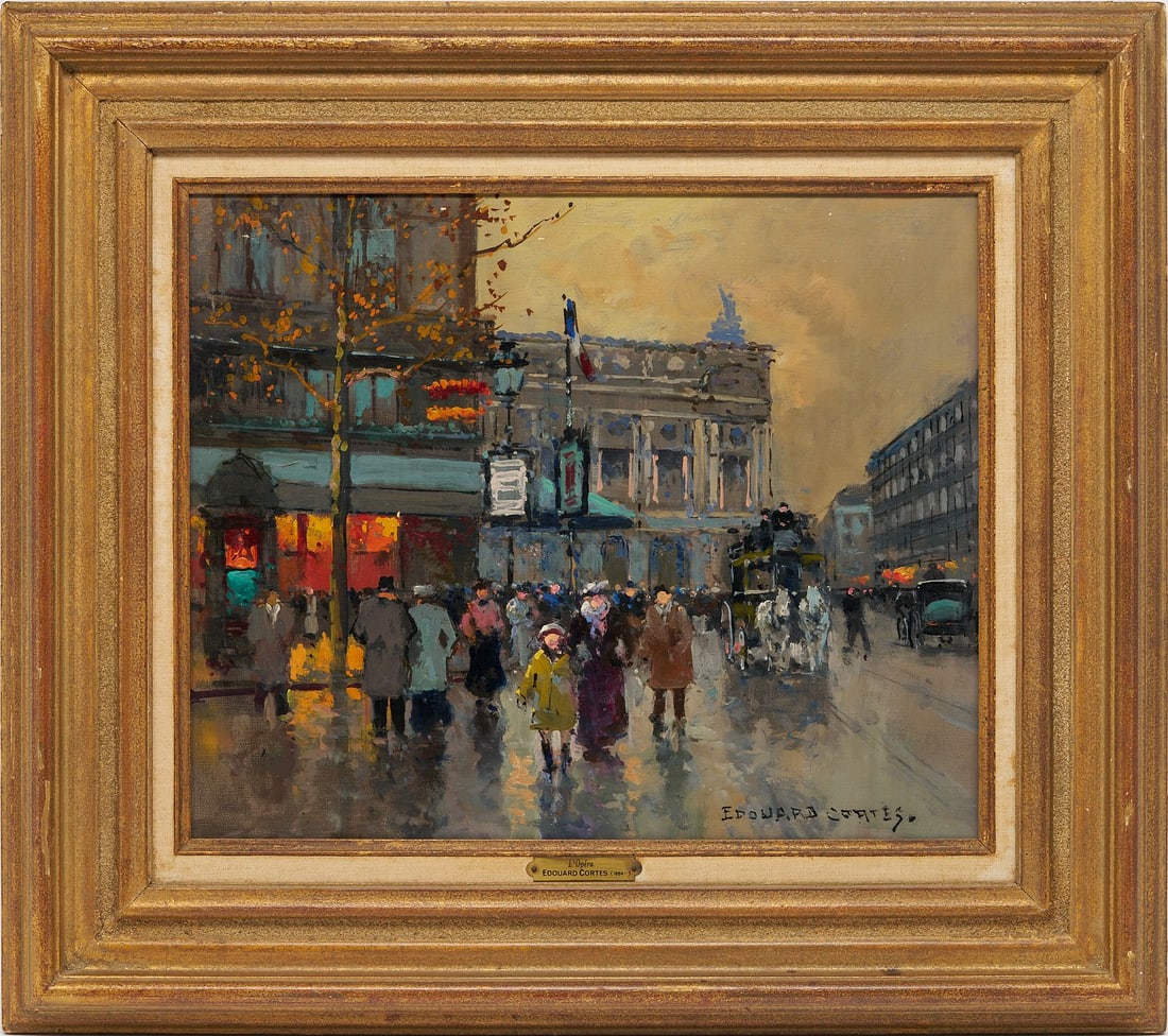 Edouard Cortes O/C, L'Opera: Edouard Leon Cortes (French, 1882-1969) oil on canvas Paris street scene entitled L'Opera and depicting a bustling street with pedestrians and horse-drawn carriages plus a cafe or shop at left, c. 196