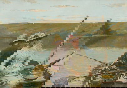 David-Eugene Girin O/C, Fishing Party on Sylans Lake, Ain, Ex-Sotheby's