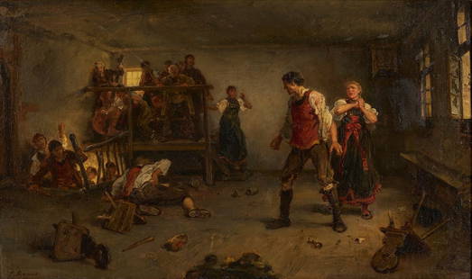 Ludwig Knaus O/C Painting, Bar Brawl Scene: Ludwig Knaus (France/Germany, 1829-1910), &quot;The Quarrel,&quot;&nbsp;oil on canvas genre painting depicting two men brawling&nbsp;in a tavern. One of the quarrelers lies in pain the ground as a dis