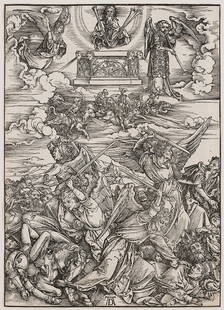 Albrecht Durer Woodcut, The Four Avenging Angels from The Apocalypse: Albrecht Durer (German, 1471-1528) woodcut on laid paper, "The Four Avenging Angels," c. 1498. From the 1511 Latin text edition of THE APOCALYPSE, with text en verso. With Triangle