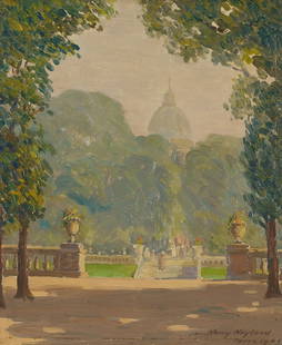 Harry Neyland O/C Landscape Painting, Paris: Harry Neyland (American, 1877-1958) oil on board impressionist painting depicting figures strolling between terraces in the Luxembourg Garden in&nbsp;Paris,&nbsp;surrounded by&nbsp;lush green trees, w