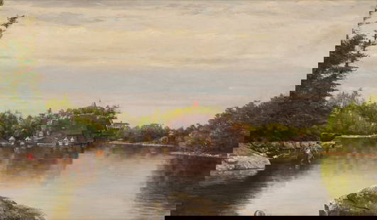 Nelson Augustus Moore O/C Landscape Painting, Lake Mohonk, New York: Nelson Augustus Moore (American/Connecticut, 1824-1902) oil on canvas upstate&nbsp;New York landscape painting, 1895. Figures relax in&nbsp;rowboats on&nbsp;Lake Mohonk, with resort&nbsp;buildings and