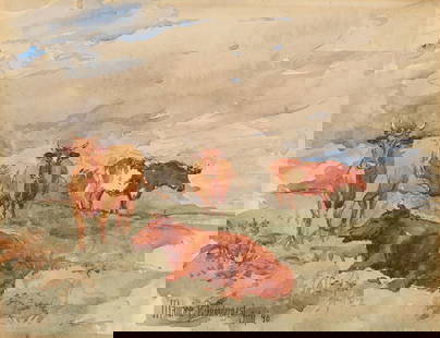 Maurice Prendergast W/C Landscape with Cattle plus Catalog Raisonne: Maurice Brazil Prendergast (American, 1858-1924), "Cattle in a Landscape," 1890, watercolor on paper painting depicting cattle in a pastoral landscape setting under a partly cloudy blue sky. Signed