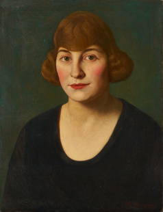 Maxfield Parrish, Portrait of a Woman, 1922: Maxfield Parrish (American, 1870-1966) oil on canvas portrait of a woman, initialed and dated “MP 1922” lower right, also signed with impressed block letters on top stretcher verso: