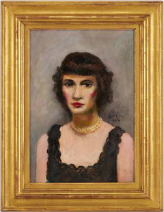 Walt Kuhn O/B Portrait of Elizabeth Bliss Parkinson: Walter Francis Kuhn (American, 1877-1949), "Mrs. Elizabeth B. Parkinson, 1944," oil on board painting depicting a woman with short dark hair and bright red rouge and lipstick. The bust-length portrait