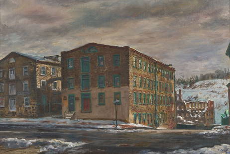 Francis Speight O/C Exhibited Philadelphia Cityscape, Blantyre Mills, Manayunk: Francis Speight (North Carolina/Pennsylvania, 1896-1989) oil on canvas winter cityscape painting, 1952. Two industrial buildings stand in the melting snow at the corner of Cotton and Main Sts. in