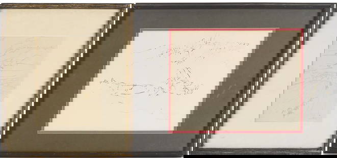 2 Drawings: Charles Burchfield plus A. Pounders "Cape Cod": 1st item: Charles Burchfield pencil on paper sketch or study, depicting clouds gathering over rolling hills. Inscribed and dated F 7-4-15 lower right. Unsigned. Framed under glass in a plain wood