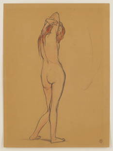 Rockwell Kent Drawing & W/C, Standing Nude: Rockwell Kent (American 1882-1971) graphite and watercolor on paper nude figure study. A woman seen from behind raises her arms above her head. Watercolor highlights describe her red hair, the blush