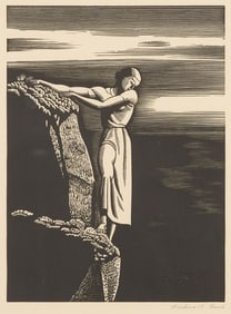 Rockwell Kent Signed Wood Engraving, Girl on a Cliff