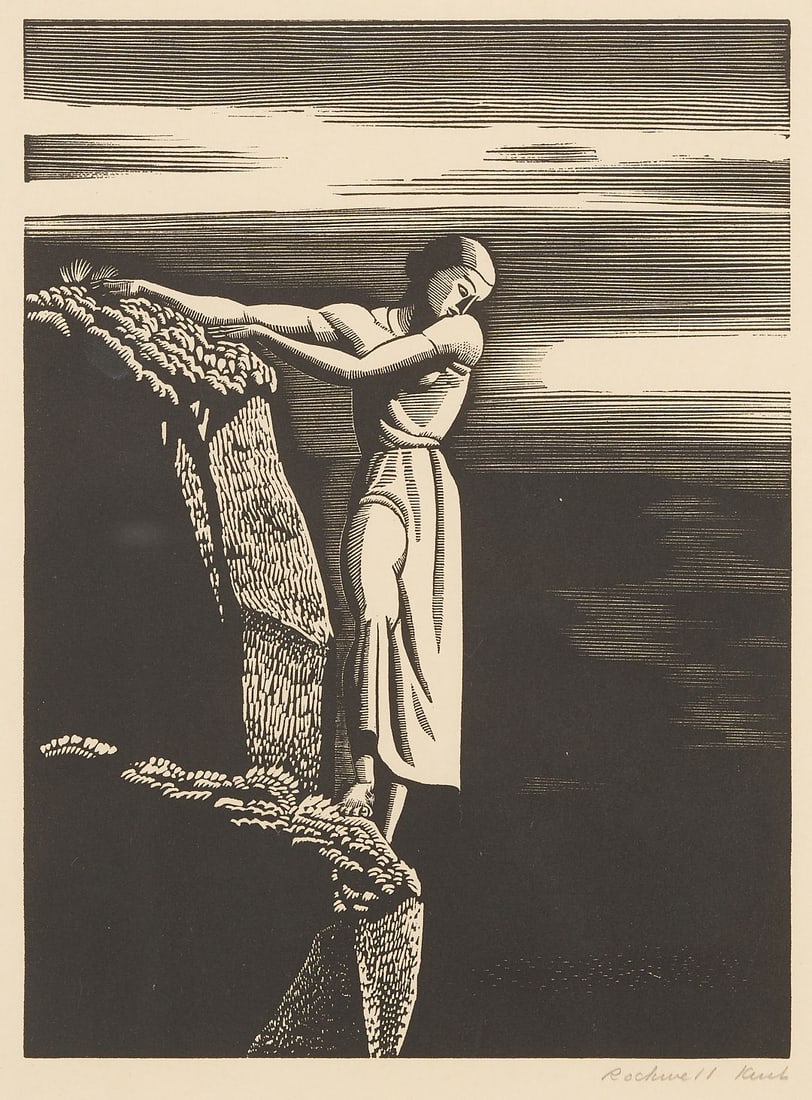 Rockwell Kent Signed Wood Engraving, Girl on a Cliff (1 of 8)