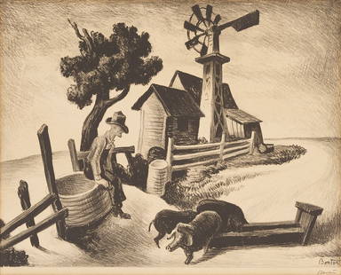 Thomas Hart Benton Signed Lithograph, In The Ozarks: Thomas Hart Benton (American, 1889-1975) Regionalist lithograph titled "In The Ozarks" and published by Associated American Artists, New York, 1938. A depression-era Dust Bowl scene that depicts a far