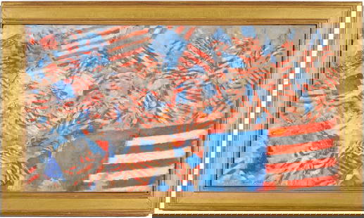 Luise Kaish O/C Expressionist Painting, "Flags": Luise Kaish (American, 1925-2013), "Flags," oil on canvas expressionist painting. Signed lower left. Simple molded giltwood frame. Sight: 25 in w x 14 in H. Frame: 29 1/2 in W x 17 1/2 in H.