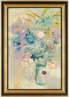 Large Sterling Strauser O/B Still Life: Sterling Boyd Strauser (Pennsylvania, 1907-1995) oil on board still life painting depicting two vases of multi-colored flowers against a multi-colored background, rendered in impasto with sgraffito