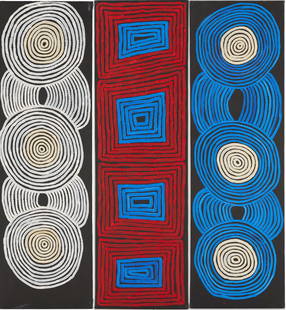 3 Ronnie Tjampitjinpa Abstract O/C Paintings, Tingari Cycle Triptych: Ronnie Tjampitjinpa (Australia, c. 1943-2023) oil on linen canvas abstract triptych with one composition that consists of five overlapping circles in white and tan against a black field; a central com