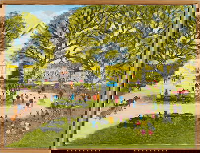 Helen LaFrance Church Picnic Painting: Helen La France (Kentucky, 1919-2020) oil on canvas landscape painting depicting an African American congregation gathering for a church picnic, with automobiles parked in front of a church and horse