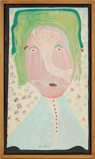 Large Mose Tolliver Outsider Art Painting: Large Mose Tolliver (American/Alabama, 1925-2006) house paint on wood panel folk or outsider art painting depicting a figure with yellow-green hair and curved nose set against a white dotted
