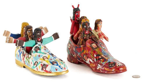 2 Ronald Cooper Folk Art Shoe Sculptures