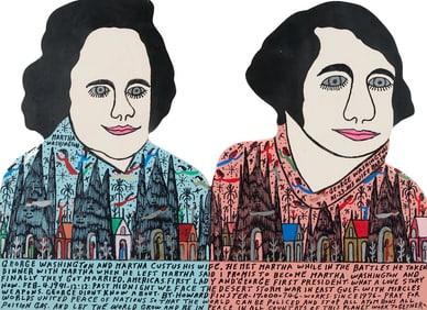 Howard Finster Folk Art Wood Cutout, George & Martha Washington