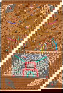 Howard Finster Mixed Media Folk Art Panel: Howard Finster (American/Alabama, 1916-2001) folk art panel titled "How Did The Leaf Form Itself", consisting of carved wood with applied acrylic panels and beads depicting a church carved on an acryl