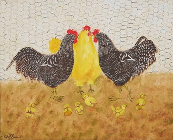 Peti Clements O/C Folk Art Painting, Chickens & Chicks