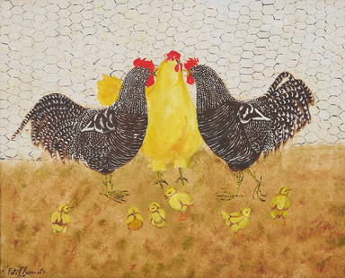 Peti Clements O/C Folk Art Painting, Chickens & Chicks: Peti Clements (Alabama, 1911-1999) folk or outsider art oil painting on canvas featuring three chickens--two black and white and one bright yellow--standing with six yellow chicks at their feet, set a