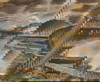 Will Henry Stevens Maritime Landscape Pastel, Likely New Orleans, 1933