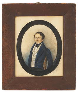 Portrait Miniature Attrib. Isaac B. Alexander of South Carolina: Portrait miniature attrib. to Isaac Brownfield Alexander (South Carolina, 1812-1884), watercolor on paper, depicting a middle-aged man with dark hair and high forehead seated on a chair and weari