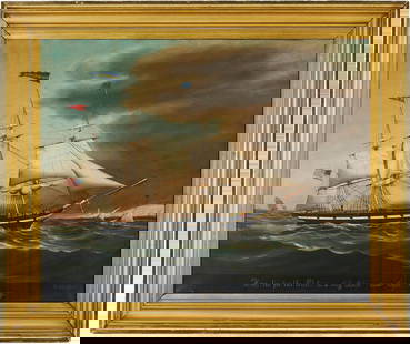 James Guy Evans American Marine Painting, Cape Henry: James Guy Evans (American / Louisiana, 1809/10-1859) oil on canvas maritime painting titled "The Eleanor Jane... in a Stiff Blow Near Cape Henry [Virginia]" depicting the ship in choppy waters heading