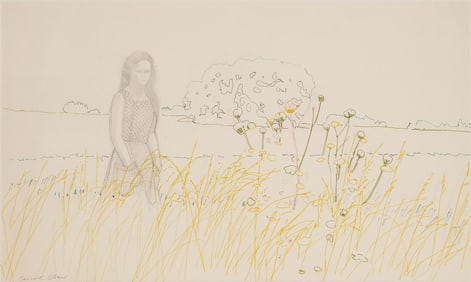 Large Carroll Cloar Drawing, Girl in a Field