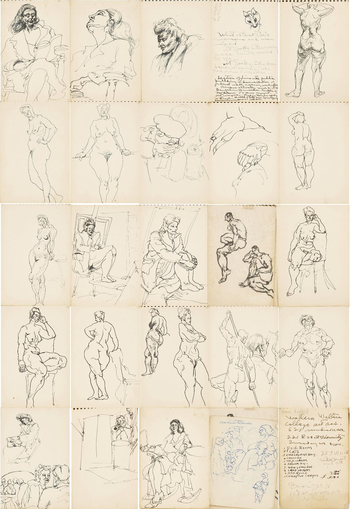 Joseph Delaney Sketchbook, 29 Works on Paper: Joseph Delaney (Tennessee/New York, 1904-1991) sketchbook with twenty-nine (29) images including one (1) ink wash painting and twenty-eight (28) ink drawings or sketches. Ink wash painting depict