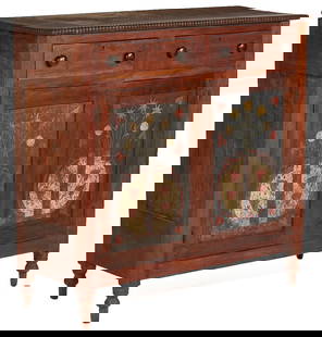 Southern Painted Pie Safe with Urn Tins, SW VA or East TN: Southwest Virginia or East Tennessee walnut pie safe with older polychrome paint-decorated tins. Secondary woods include yellow pine and poplar. Rectangular top with half-round beaded molding over two