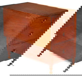 Kentucky Tailor or Sewing Table: Scarce Kentucky walnut tailor counter or sewing table with single drop leaf, three graduated dovetailed drawers on both sides of the table with the drawers supported by one continuous set of drawer su