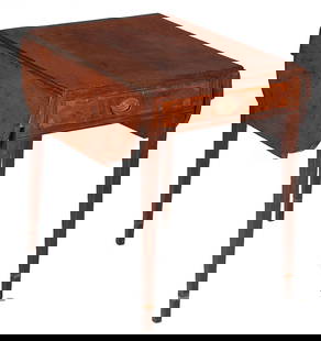 Federal Mahogany Pembroke Table, poss. Southern: American, possibly South Carolina, Federal satin and ebony inlaid mahogany Pembroke table, poplar and white pine secondary. Consisting of a rectangular mahogany top with hinged-shaped leaves above a s