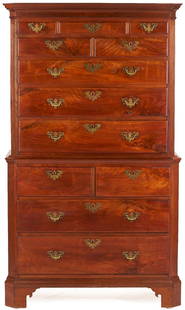 Southern Coastal Chippendale Walnut Chest on Chest: Eastern Virginia or North Carolina Chippendale walnut chest on chest, yellow pine secondary. Two-part form consisting of an upper dovetailed case with an applied stepped cornice molding, three upper s