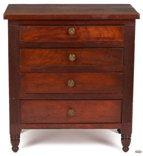 Miniature Southern Chest: Miniature Southern Chest of Drawers, cherry with walnut stain and poplar secondary. Plain rectangular top over four graduated, scratchbeaded drawers, flanked by reeded stiles and resting on four